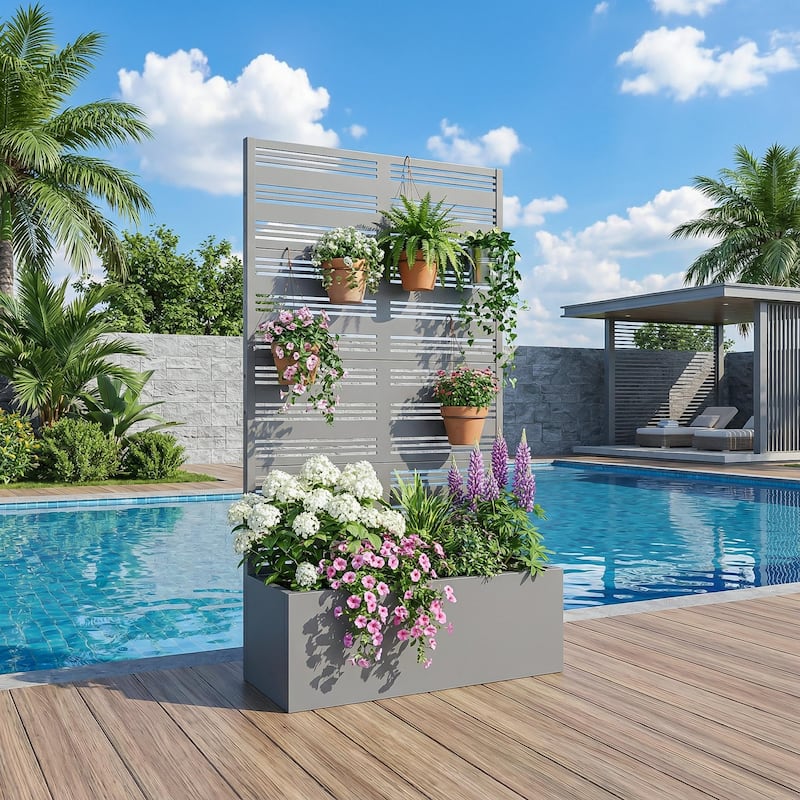 Metal Galvanized Planter Box with Trellis Privacy Screen Lockable Wheels