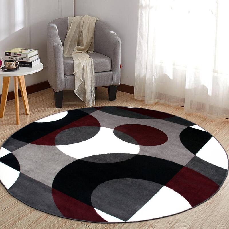 World Rug Gallery Modern Multicolored Geometric Area Rug - 6'6" round - Burgundy - Oval