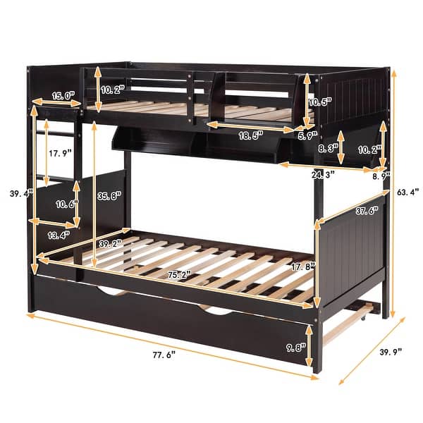 Espresso Playhouse Inspired Twin Bunk Bed with Bookshelf and Trundle