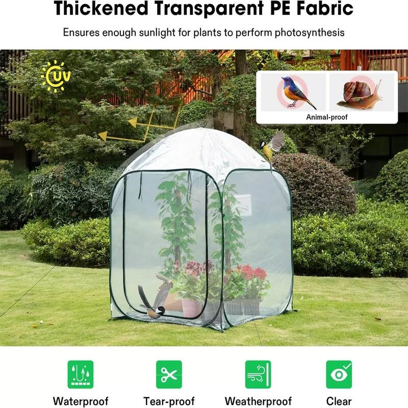 Portable Pop-Up Greenhouse with Clear PE Cover and Fiberglass Frame for Outdoor and Indoor Plant Growth - 49"L x 49"W x 63"H