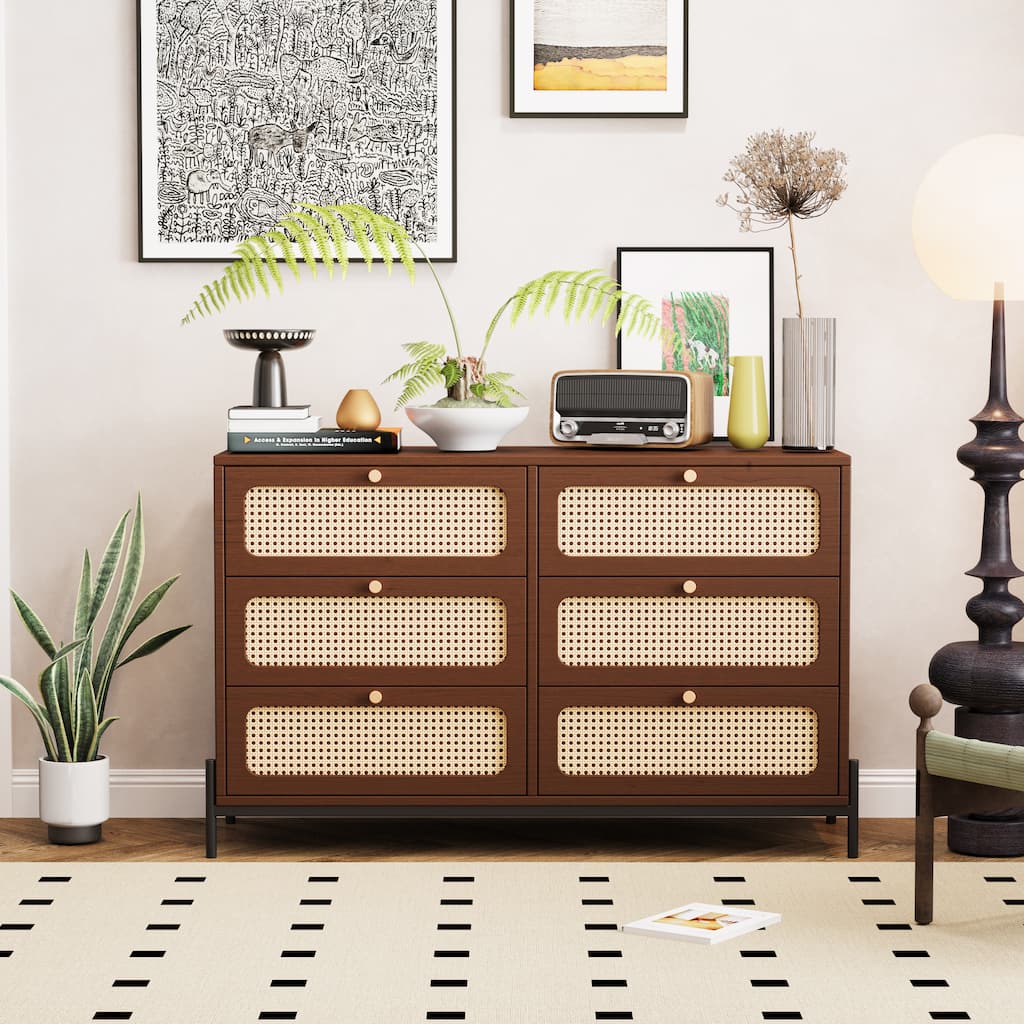 6-Drawer Rattan Wood Nightstand