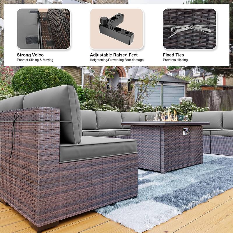 Kullavik 15PCS Outdoor Patio Furniture Set with Fire Pit Table & Glass Top Coffee Table