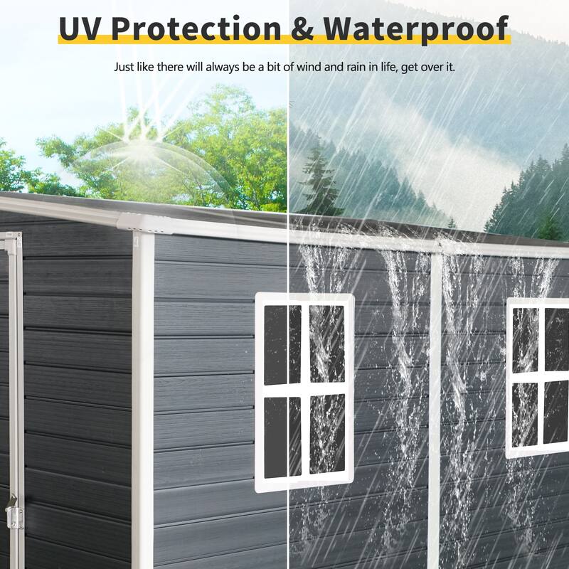 Outdoor Storage Shed Resin Plastic Lockable Waterproof UV Resistant with Windows Black - 8.01’ (L) x 4’ (W) x 5.68’ (H)