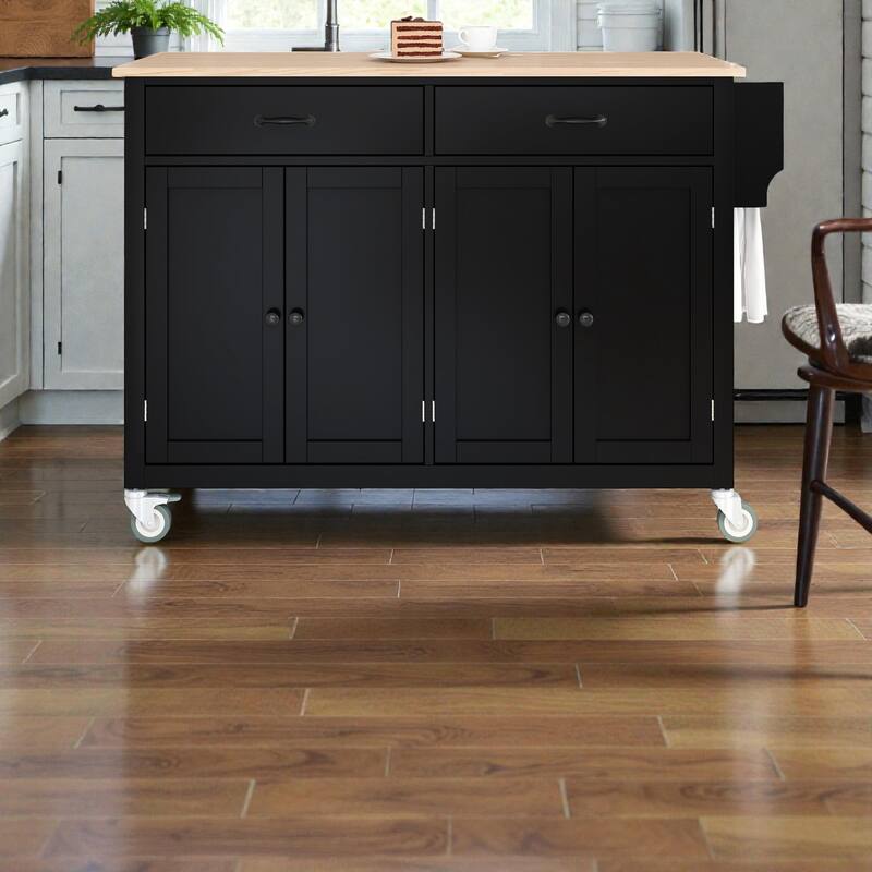 54.3" Kitchen Island Cart with Solid Wood Top, 4 Door Cabinet, Drawers, Spice Rack, Wheels