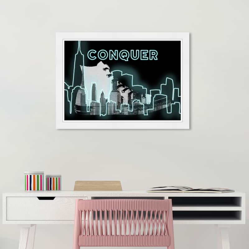 Wynwood Studio Prints Typography and Quotes Conquer Sneaker Blue and Neon Blue Modern & Contemporary Wall Art Canvas Print - White