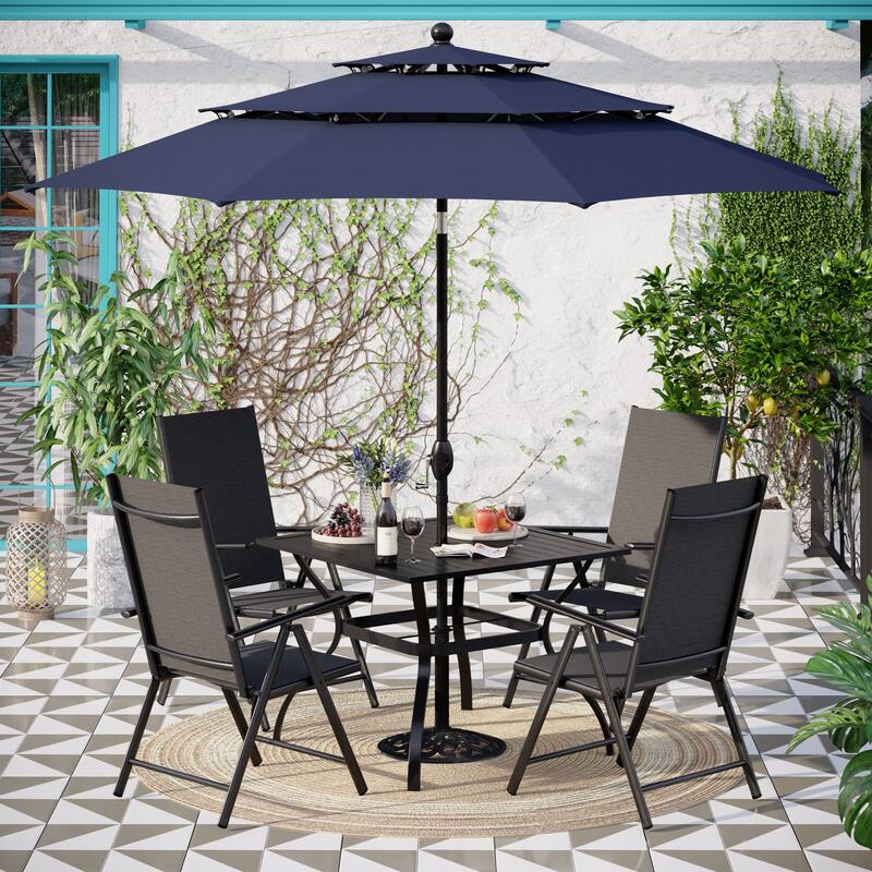Outdoor 6-piece Patio Dining Set, 1 Square Metal table, 4 Adjustable Folding Chairs and 10ft Umbrella - Navy Blue