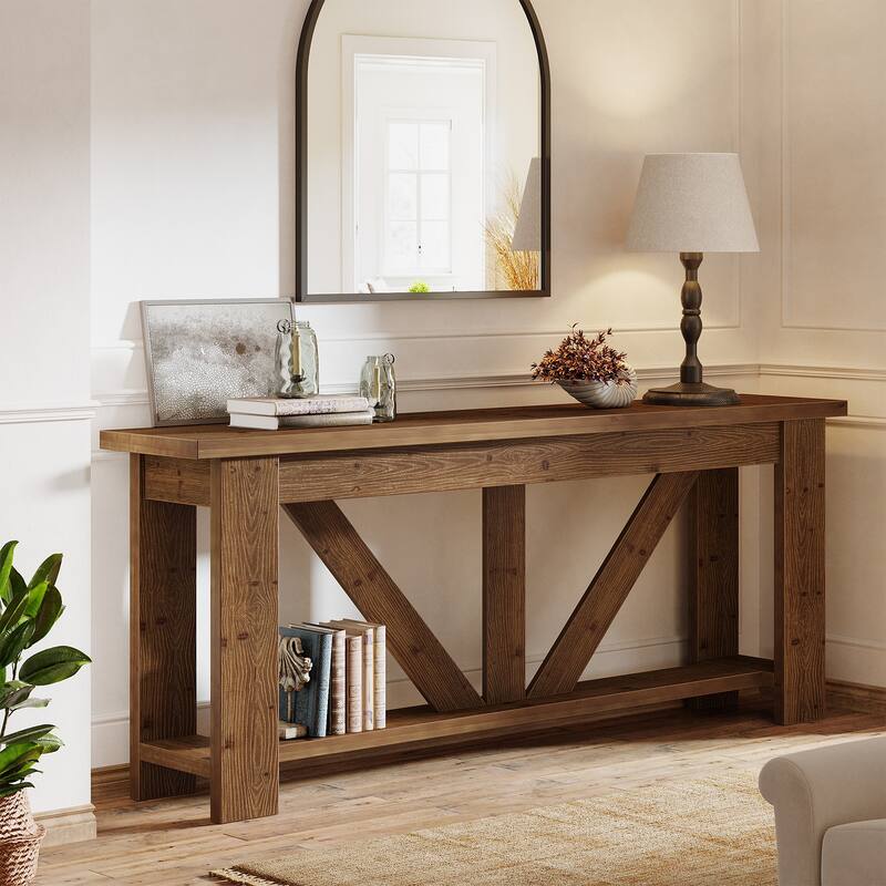70.9-Inch Solid Wood Sofa Console Table, Extra Long Storage Shelves Entryway Table for Living Room, Hallway, Foyer