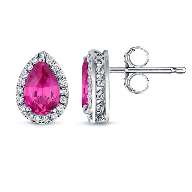 Auriya 14k Gold 2ct Pear-cut Pink Sapphire Halo Diamond Stud Earrings 1/3ct TDW - White