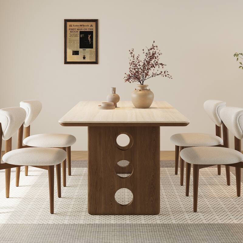 71"Mid-Century Modern Dining Table For 6, Retangular Kitchen Table With Beige Travertine Sintered Stone Top