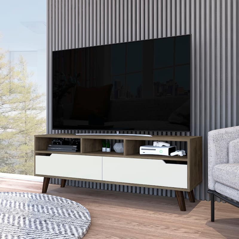 FM Furniture Hamburg TV Stand For TVs up to 52" with 4 Legs, 3 Open Shelves, and 2 Upturned Drawers - Dark Walnut / White