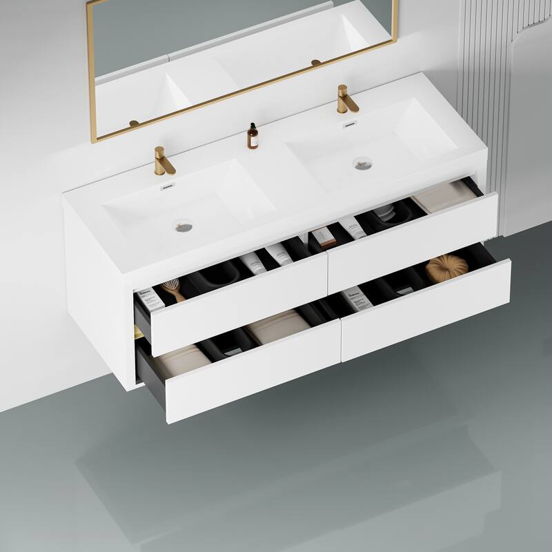 GDFStudio - Maxwell Floating Bathroom Vanity with Stone Resin Countertop & Soft-Close Drawers