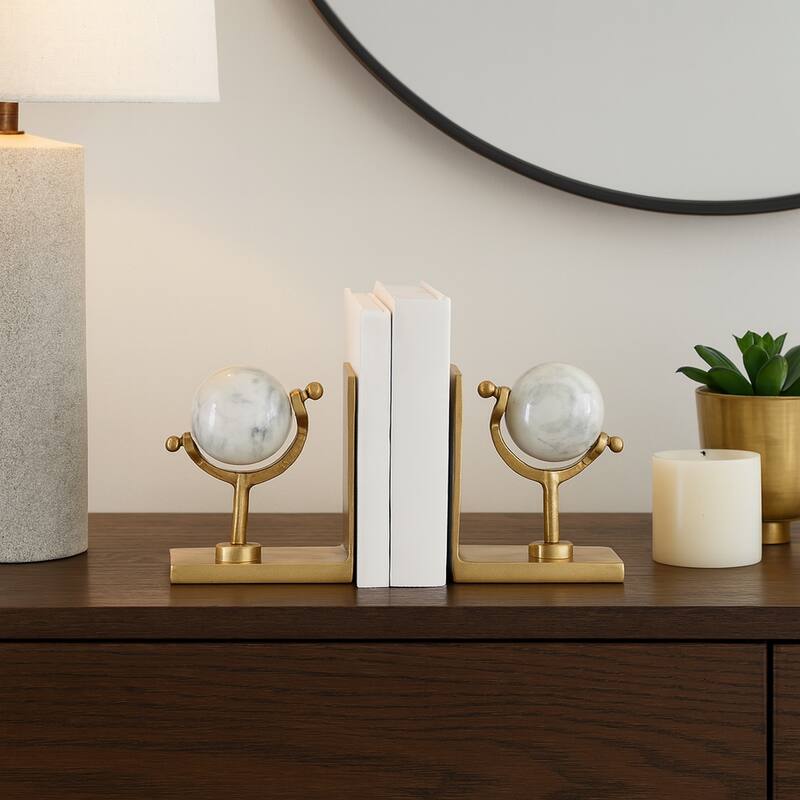 Metal Marble Bookends Globe Sculpture Sphere (Set of 2) - 7" Gold - 11.25" - Gold - 11.25"