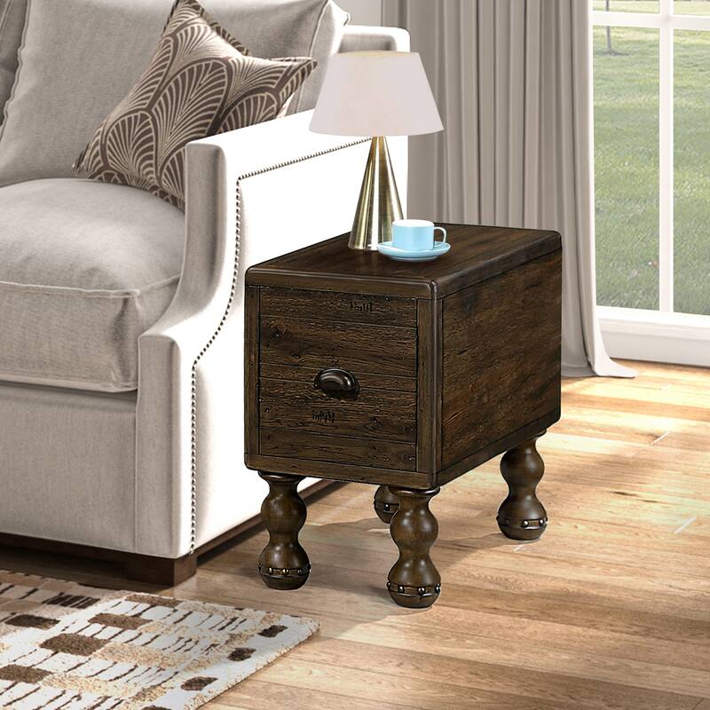 Solid Wood End Table, Rectangle 23.6 inch Narrow Side Table with Drawer, Vintage Bedside