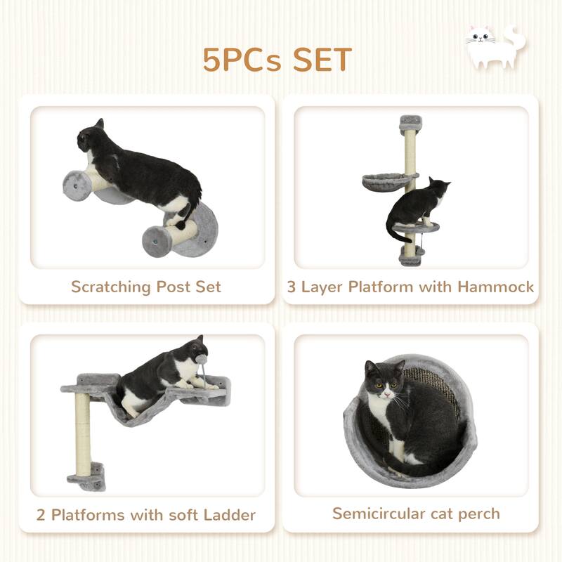 PawHut 5 Piece Cat Wall Shelves, Wall Mounted Cat Shelves with Hammock, Perches, Ladder, Scratching Posts, Cat Wall Furniture