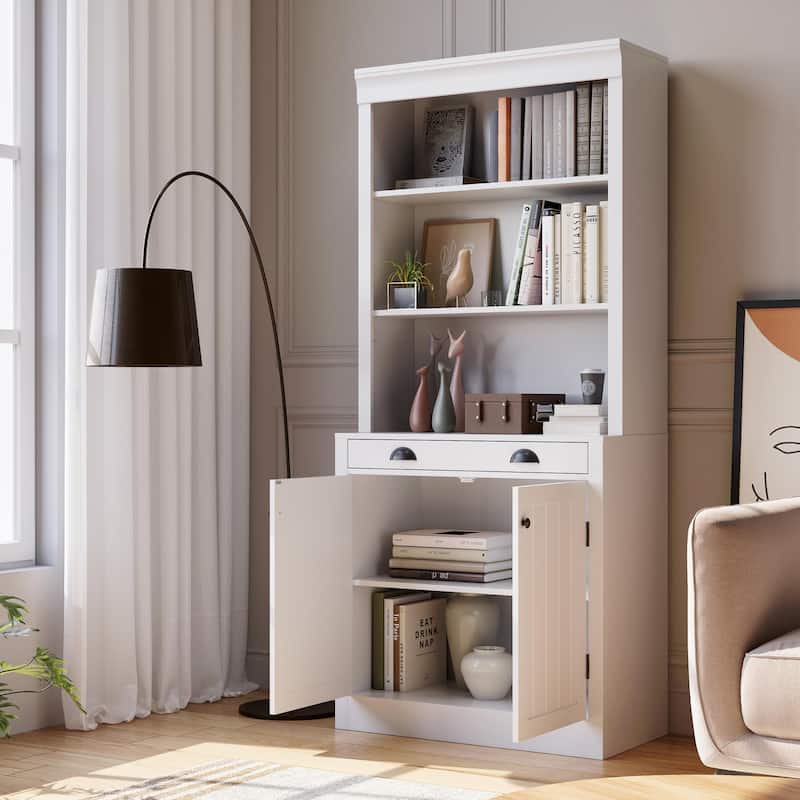 5-Tier Bookshelf, 70 Inch Tall Bookcase with 2 Doors and 1 Drawer, Modern Pantry Sideboard with Adjustable Shelf - White