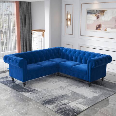Deep Button Tufted Velvet Upholstered Rolled Arm Classic Chesterfield L Shaped Sectional Sofa