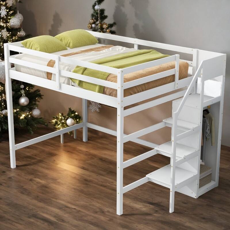 Full Size Kids Bed with Builtin Storage Wardrobe and Staircase Loft Bed White On Sale Bed