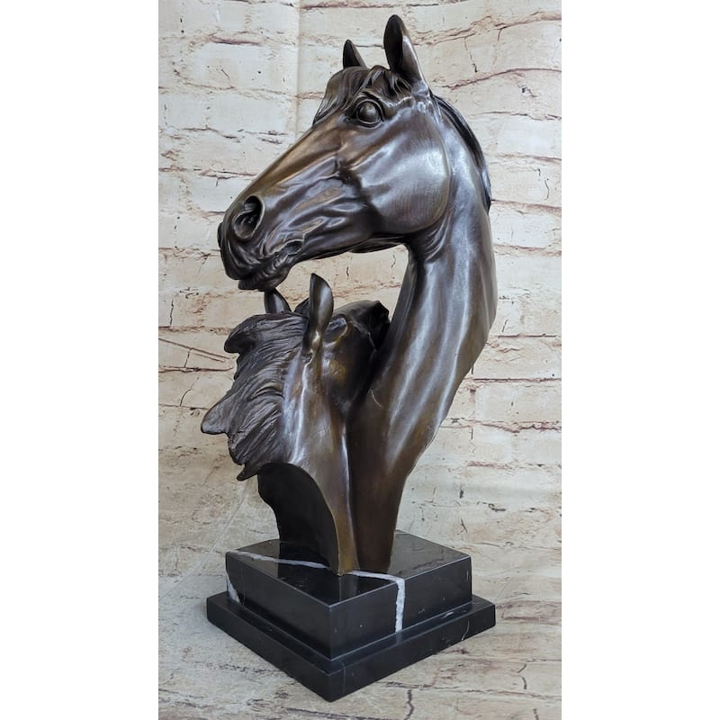 Two Imitative Horses Bust Sculpture Real Bronze Signed Original Equine Art By Milo On Marble Base