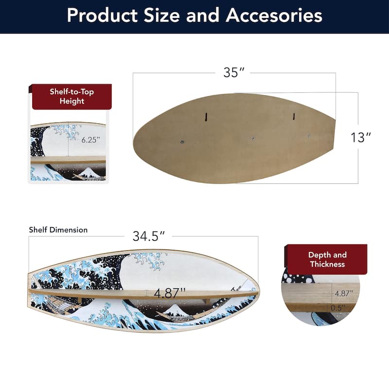 American Art Decor Surfboard Wall Shelf Coastal Beach Themed Decorative Wall Art Storage for Home or Office