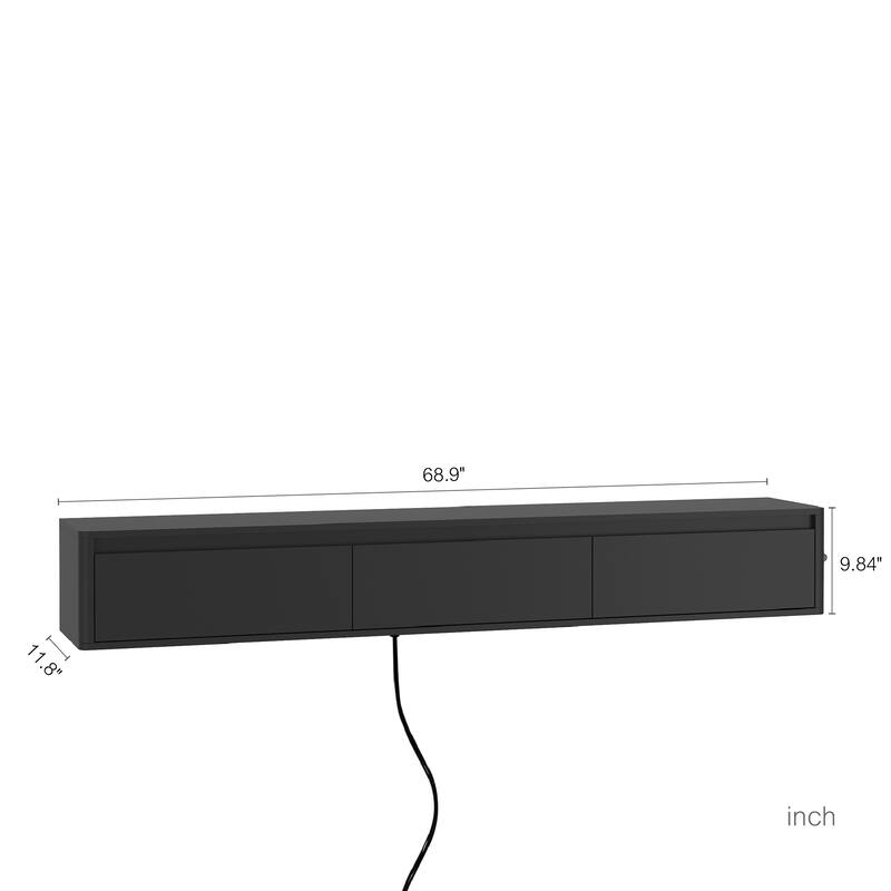 Wall Mounted TV Shelf with LED Lights & Power Outlet, High Gloss TV Cabinet for Wood TV Stands for Living Room