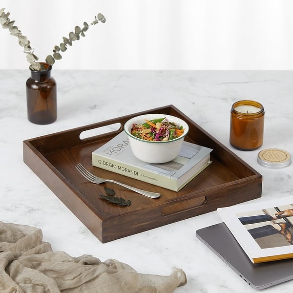 slide 2 of 78, KINWELL Square Black Walnut Wood Serving Tray Ottoman Tray with Handles
