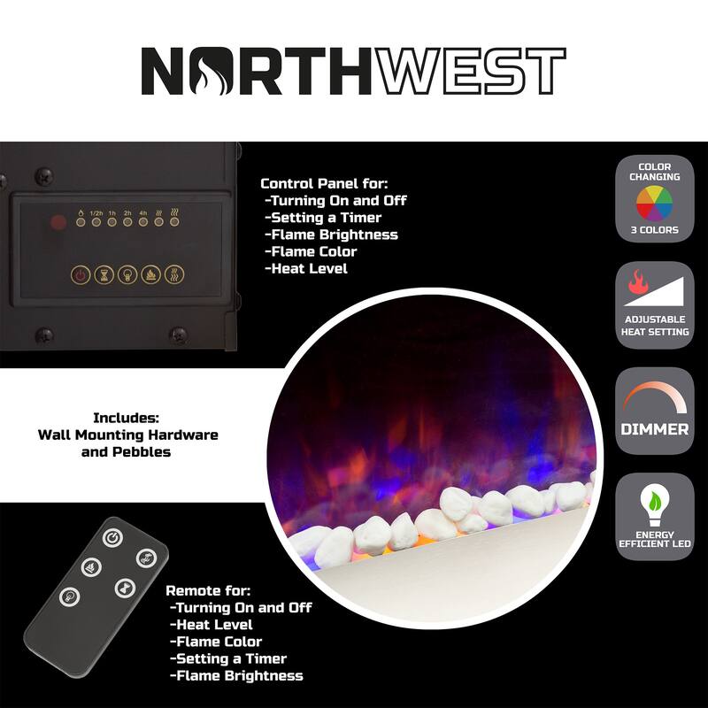 Northwest 54-Inch Wall Electric Fireplace, Silver - 54 Inch