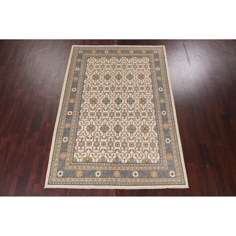 Vegetable Dye Geometric Khotan Oriental Area Rug Handmade Wool Carpet - 6'8" x 9'8"