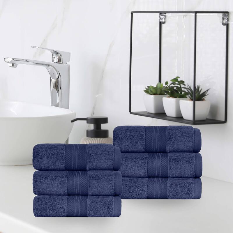Superior Turkish Cotton Solid Heavyweight Hand Towel Set of 6 - Crown Blue
