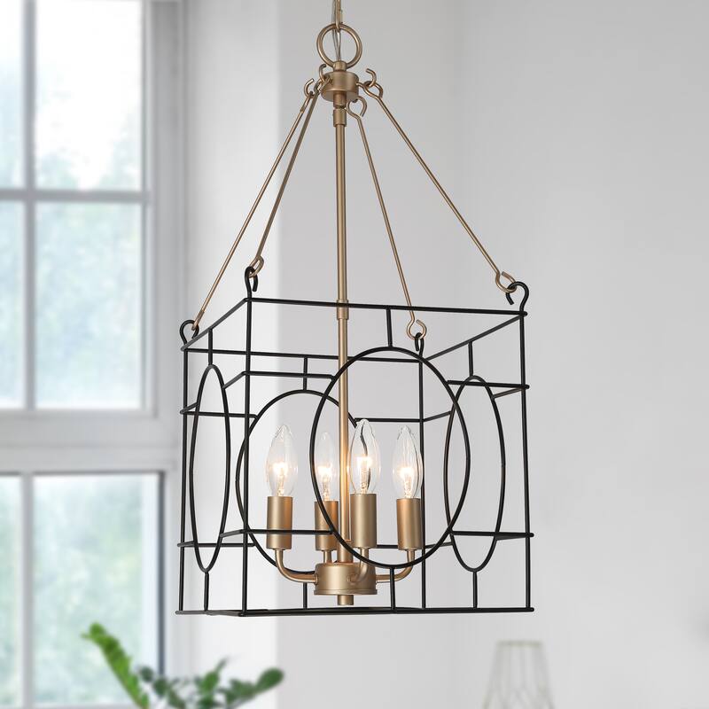 Alestair Modern Geometric Cage Chandelier Black and Gold Candle Pendant Ceiling Lights - Black and Gold - D11" x H24.5"