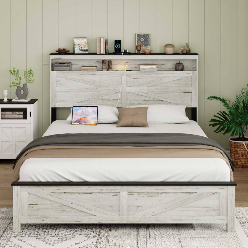 White Floating LED Bed – Built-In Charging, Concealed Storage, Headboard Included