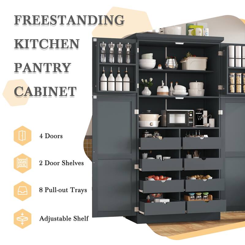 70.9 inch Freestanding Kitchen Cabinet, Tall Storage Cabinet with 4 Doors, 2 Door Shelves, 8 Pull-out Trays and Adjustable Shelf