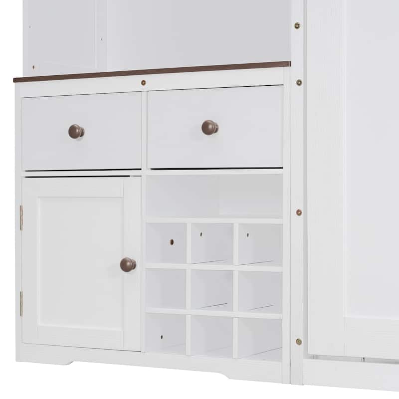 All-in-one Murphy Bed Queen Size Storage Bed Cabinet with Wine Rack, Glass Holder, Drawers, Open Shelves and LED Lights