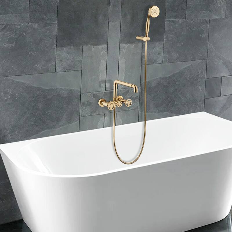 Modland Double Handle Wall-Mounted Bathtub Faucet with Handheld Shower in Black/Gold