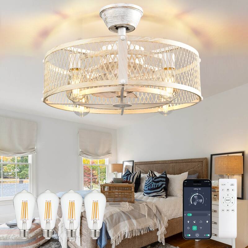 20-26" Caged outdoor Ceiling Fan with Light: Remote App Control-Farmhouse Fandelier Flush Mount Fixture Reversible 6 Speed Timer - 20in - White