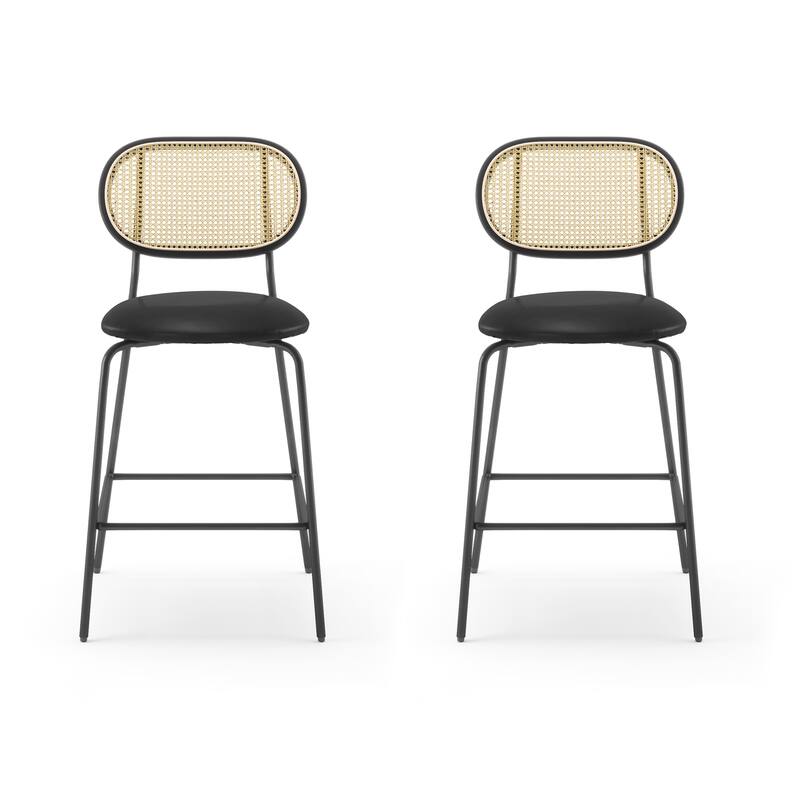 24 in. Rattan Counter Height Bar Stools with Faux Leather Seat (set of 2)