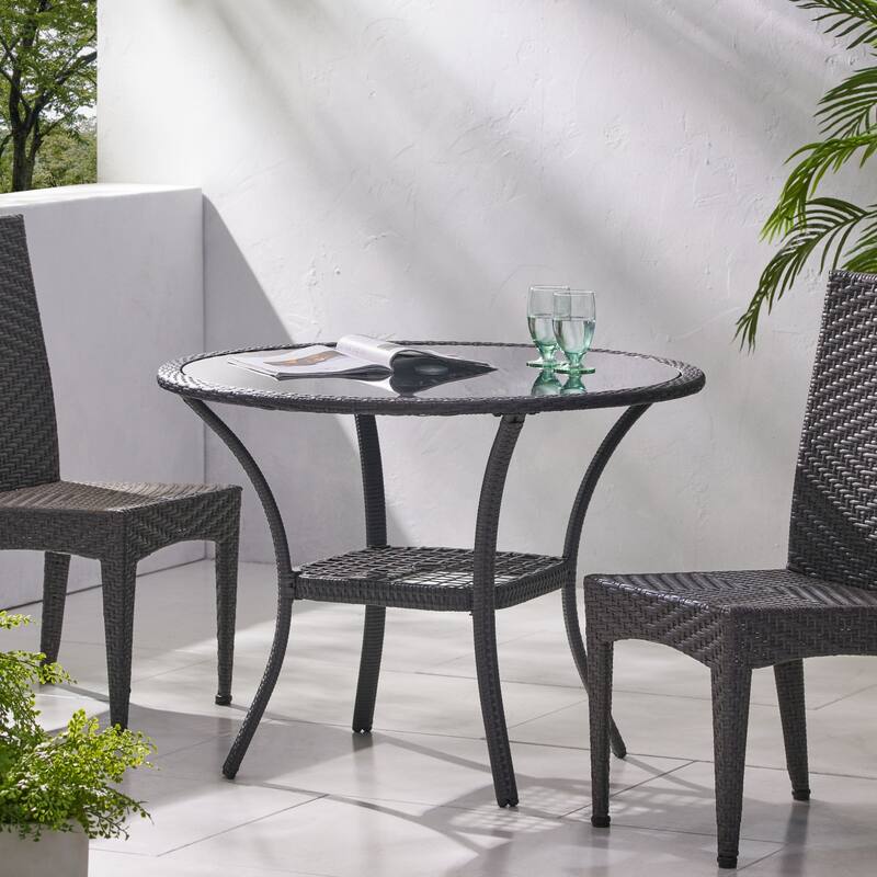 Outdoor Grey Rattan Dining Table with Glass Table Top