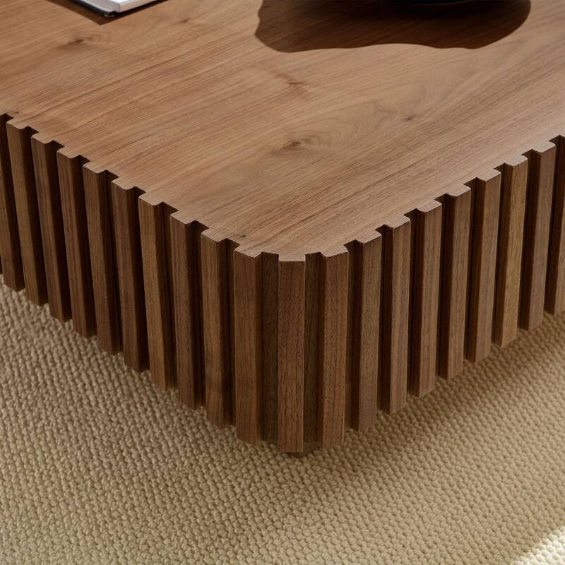 Small Accent Table Wooden Coffee Table Square Pedestal Base Center Table with Side Fluted Design and Wood Grain Veneer
