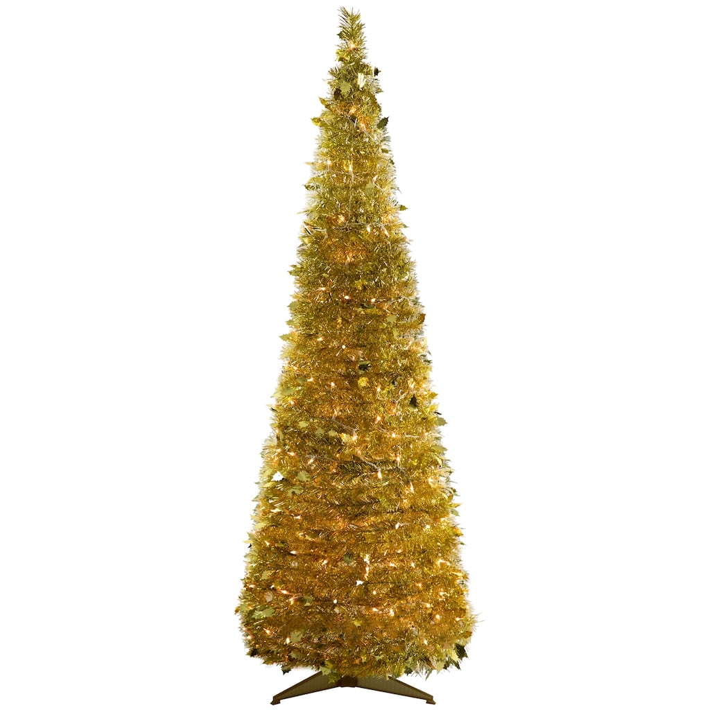 6' Pre-Lit Gold Tinsel Pop-Up Artificial Christmas Tree, Clear Lights - 6 Foot