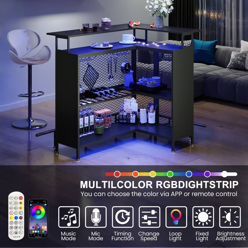 EROMMY L Shaped Bar Cabinet, 4-Tier Bar Table with Wine Rack and LED Lights, Corner Bar Stand with Storage, Liquor Cabinet