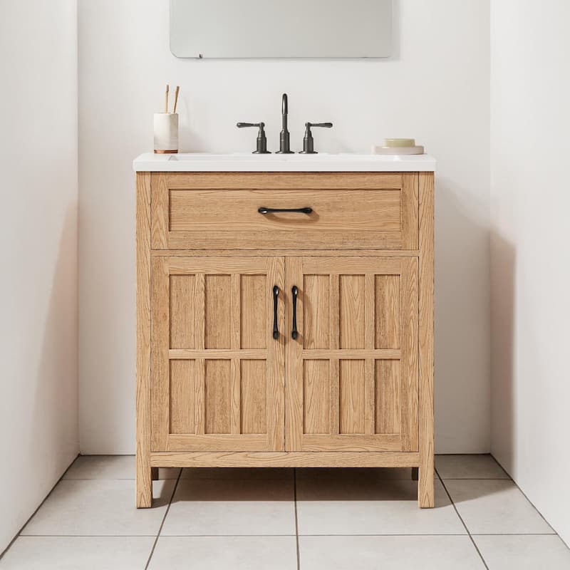 30 Inch Bathroom Vanity with Resin Sink, Solid Wood Bathroom Cabinet with Adjustable Shelf and Door Organizers - Wood