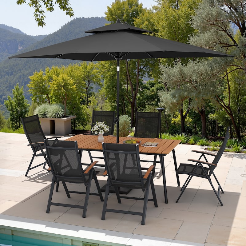 9PC Outdoor Patio Dining Set Wood-Like Aluminum Umbrella Hole Table with Folding Chairs,Double Top Market Umbrella and Base - BrownTable&BlackChairs&BlackUmbrella