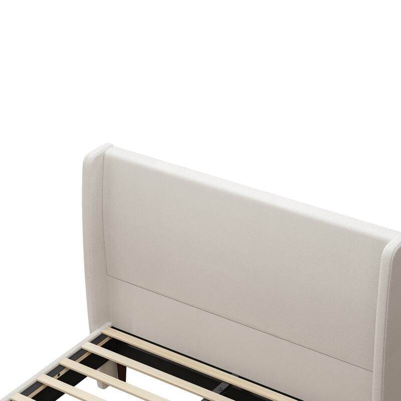 High Headboard Upholstered Bed, Queen Size Bed Frame, 12-Slat Support, Easy to Assemble, Beige, Chenille Cloth