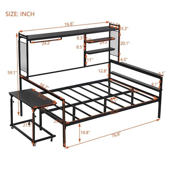 dimension image slide 2 of 4, Metal Daybed with Movable Desk, Metal Slat Support Bed Frame Metal Grid, Shelves and Clothes Hanger