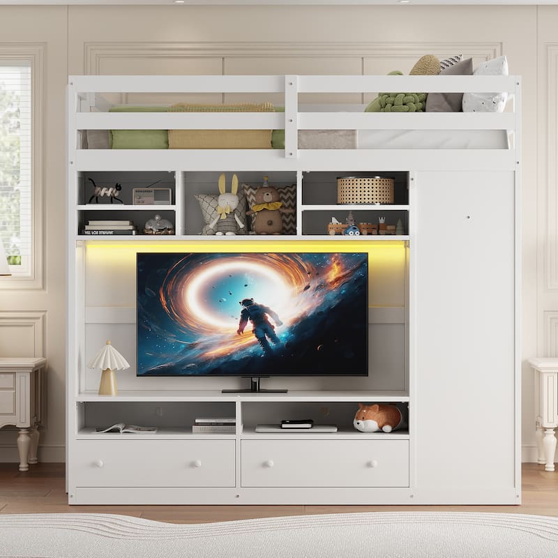 Full Size Loft Bed with Storage, LED Light, and Shelves - White