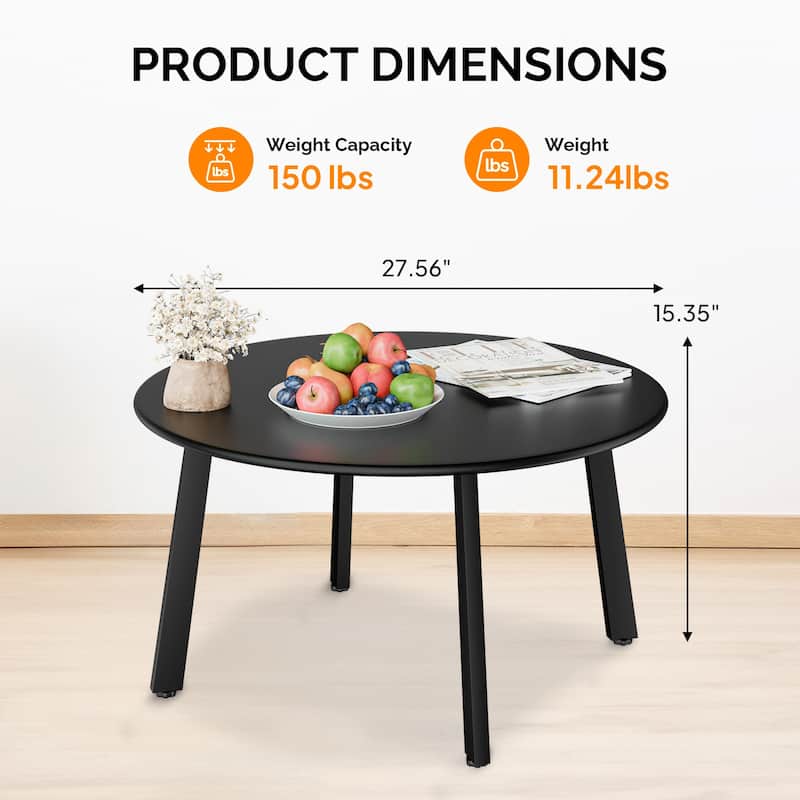 Black Iron Round Patio Coffee Table with Adjustable Feet - 27.6 x 27.6 x 15.4 in