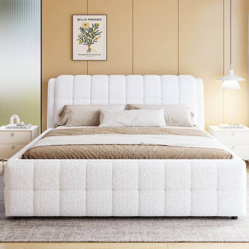 Modern Upholstered Platform Bed Frame Grounded Bed Frame with Striped Headboard/Wood Slats Support/No Box Spring/Easy Assembly - White - California King