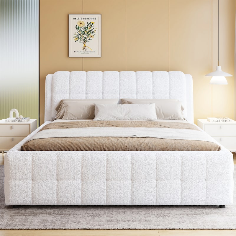 Upholstered Platform Bed with Thick Wingback Headboard and Wood Slat Support