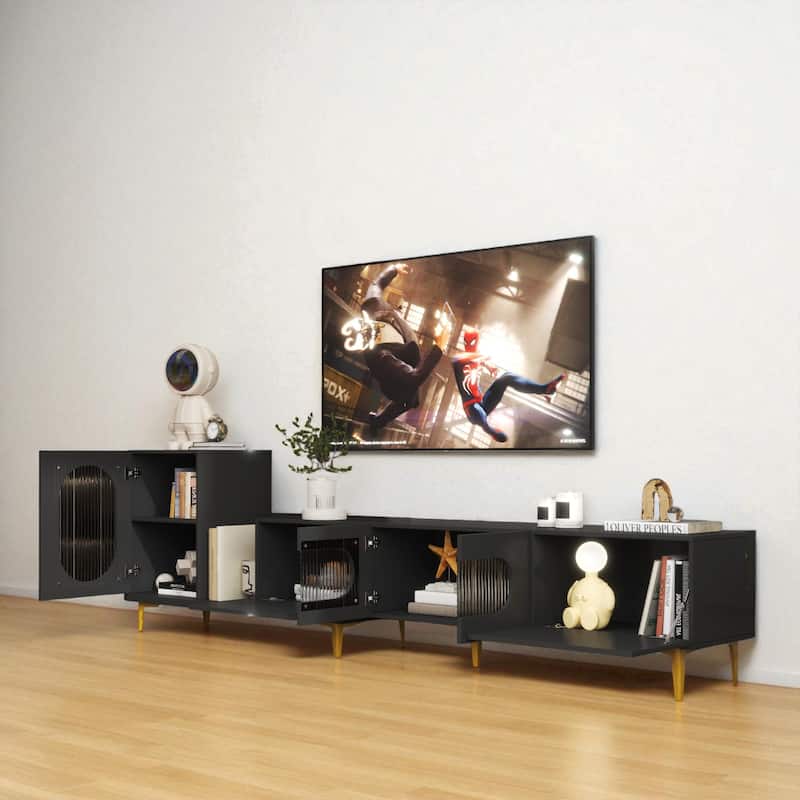 Modern Wood Extendable TV Stand, Rectangular Media Console with 4 Cabinets for TVs up to 89", Adjustable Design