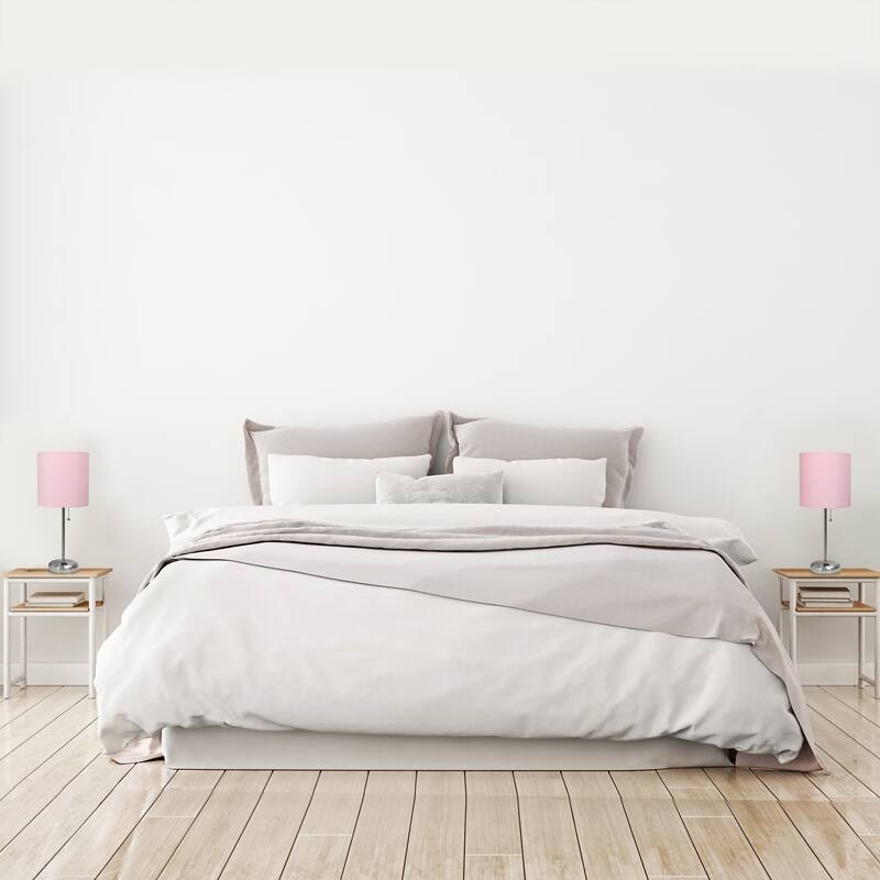 19.5 in. Brushed Steel Finish Table Lamp with Pink Shade, Durable Stick Lamp for End/Side Tables, Set of 2