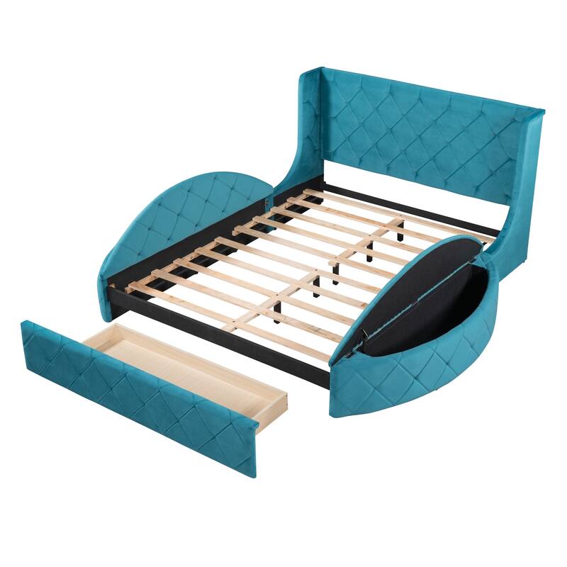 Velvet Queen Platform Bed with Wingback & Storage